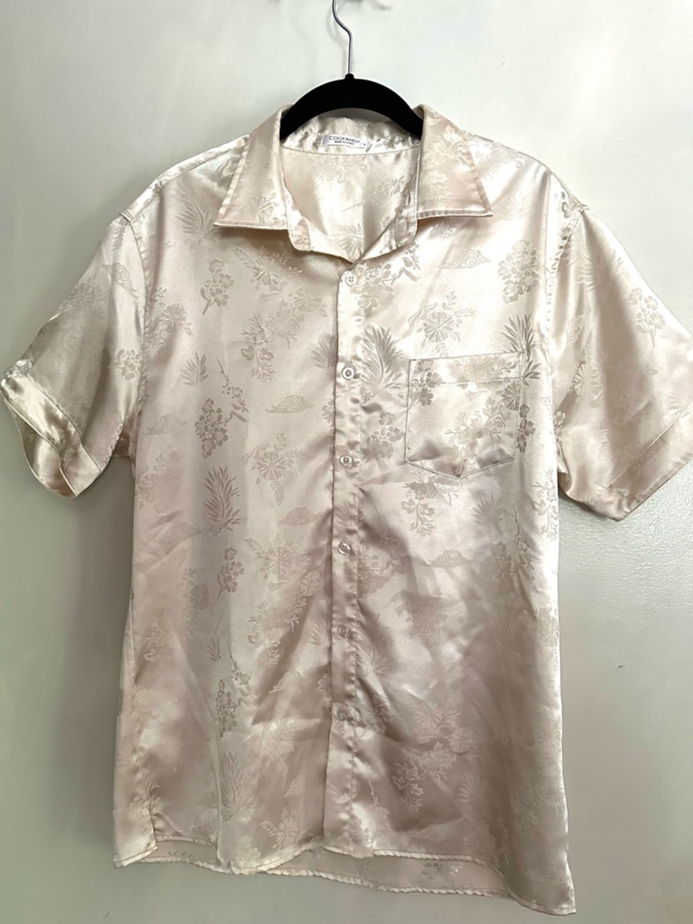 Satin Shirt Floral Button Down Men’s Small Cream Jacquard Wedding Party COOFANDY